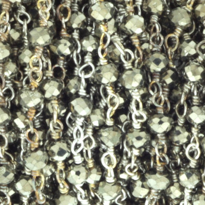 Natural Pyrite 3mm Faceted Rondelles Rosary Chain Sterling Silver Wire Wrap Chain by the Foot
