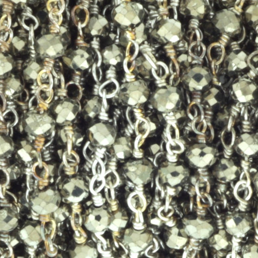 Natural Pyrite 3mm Faceted Rondelles Rosary Chain Sterling Silver Wire Wrap Chain by the Foot
