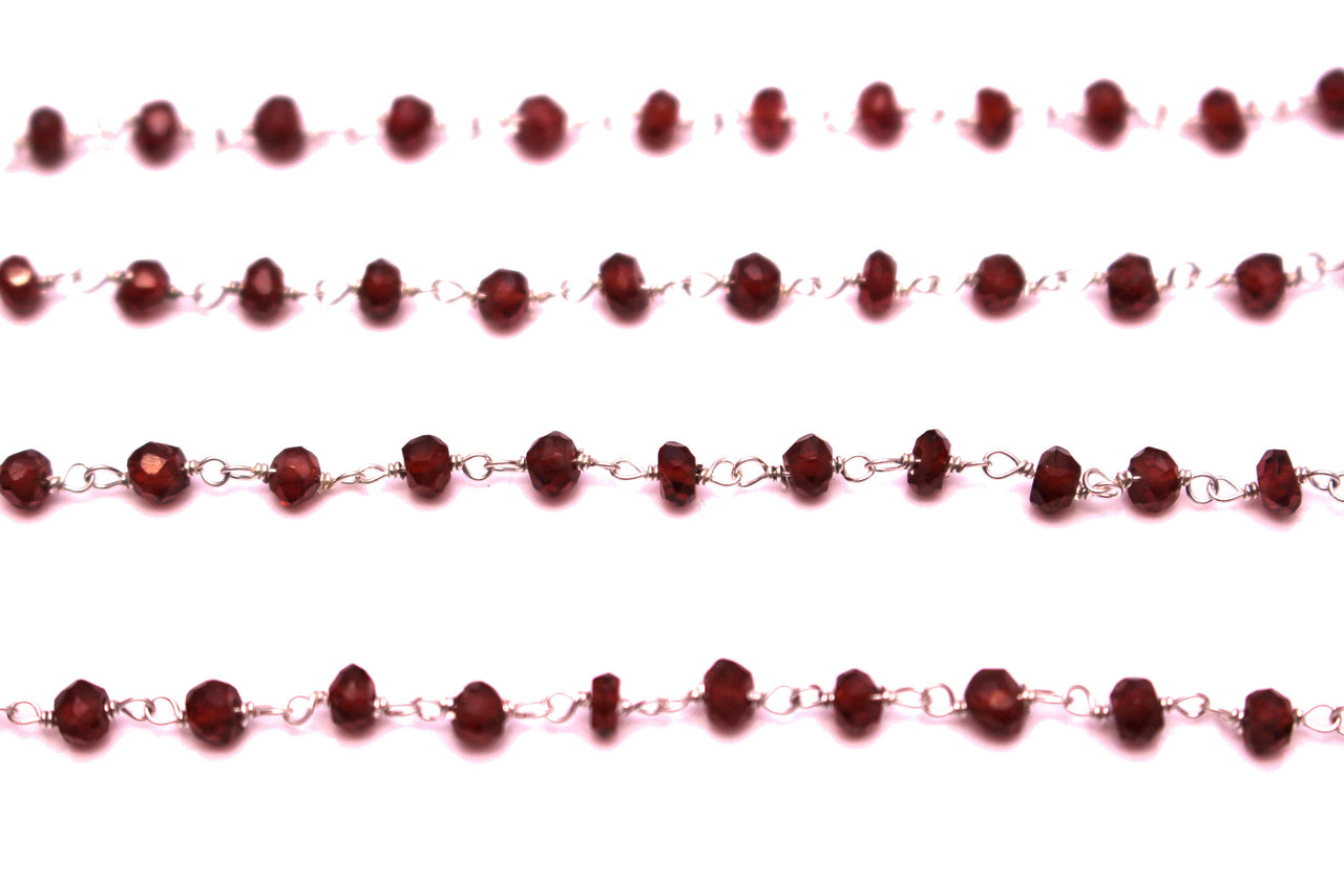 Red Garnet 3.5mm Faceted Rondelles Rosary Chain Sterling Silver Wire Wrap Chain by the Foot