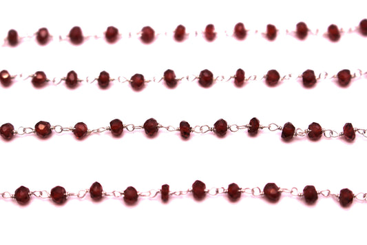 Red Garnet 3.5mm Faceted Rondelles Rosary Chain Sterling Silver Wire Wrap Chain by the Foot