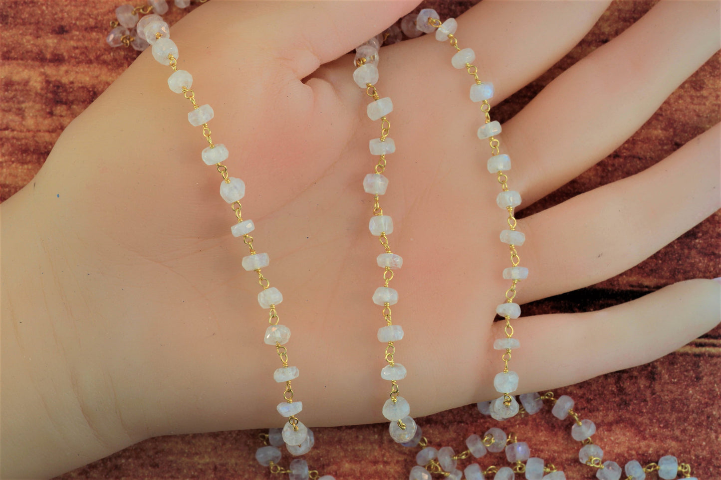 Blue Rainbow Moonstone 5mm Faceted Rondelles Rosary Chain Sterling Silver with Gold Plating Wire Wrap Chain by the Foot