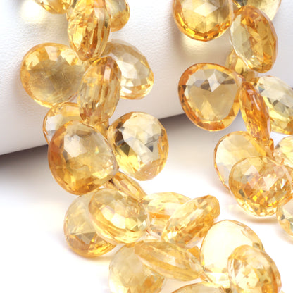 Yellow Citrine 12mm Faceted Heart Shaped Briolettes Bead Strand