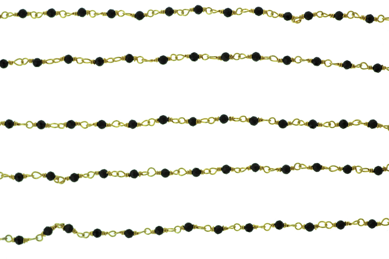 Black Spinel 2.5mm Faceted Rounds Rosary Chain Sterling Silver with Gold Plating Wire Wrap Chain by the Foot