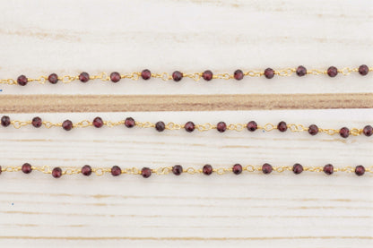 Red Garnet 2.5mm Faceted Rondelles Rosary Chain Sterling Silver with Gold Plating Wire Wrap Chain by the Foot