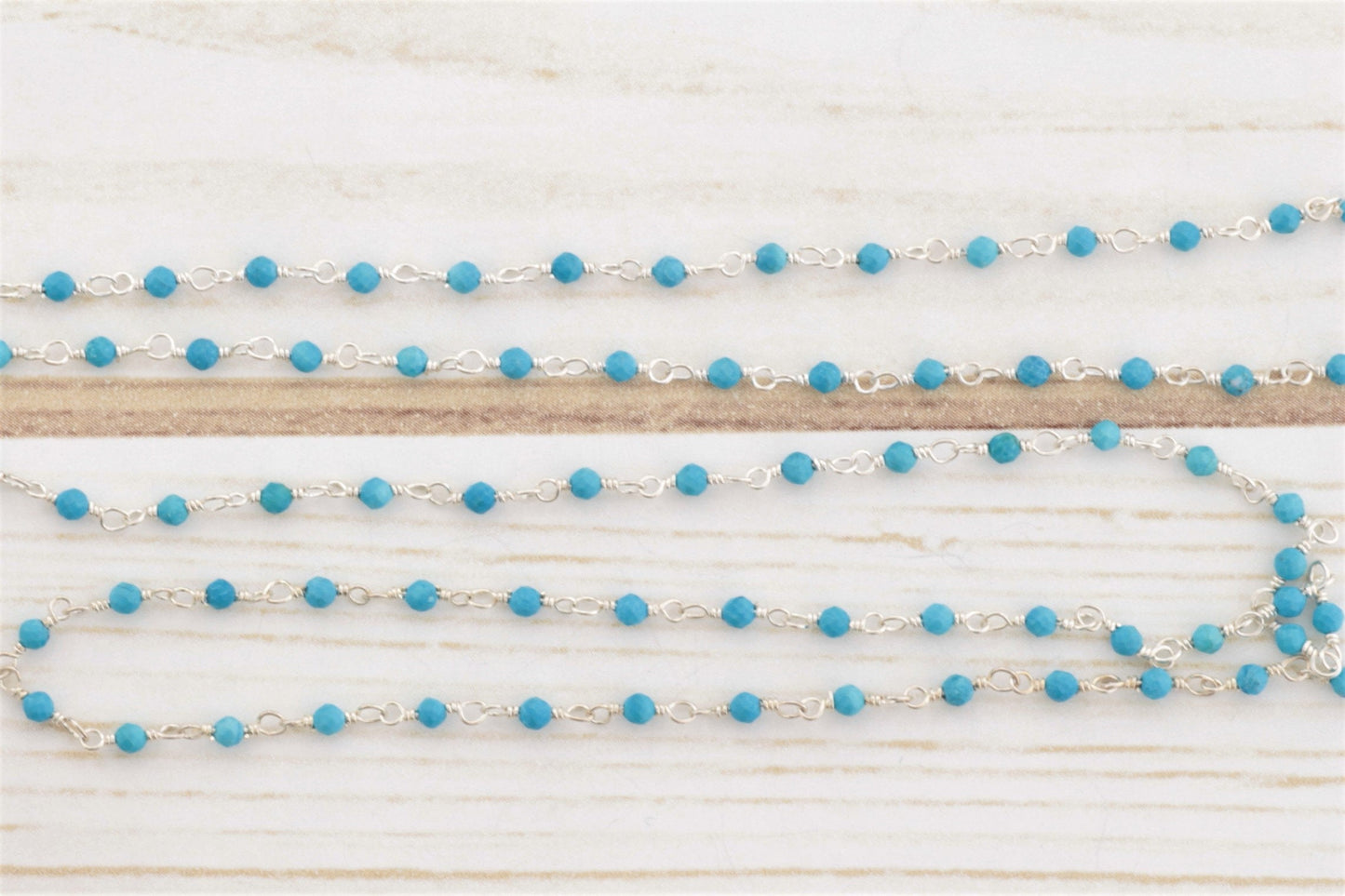 Blue Turquoise (R) 2.5mm Faceted Rounds Rosary Chain Sterling Silver Wire Wrap Chain by the Foot