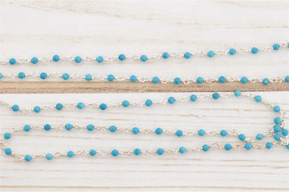 Blue Turquoise (R) 2.5mm Faceted Rounds Rosary Chain Sterling Silver Wire Wrap Chain by the Foot