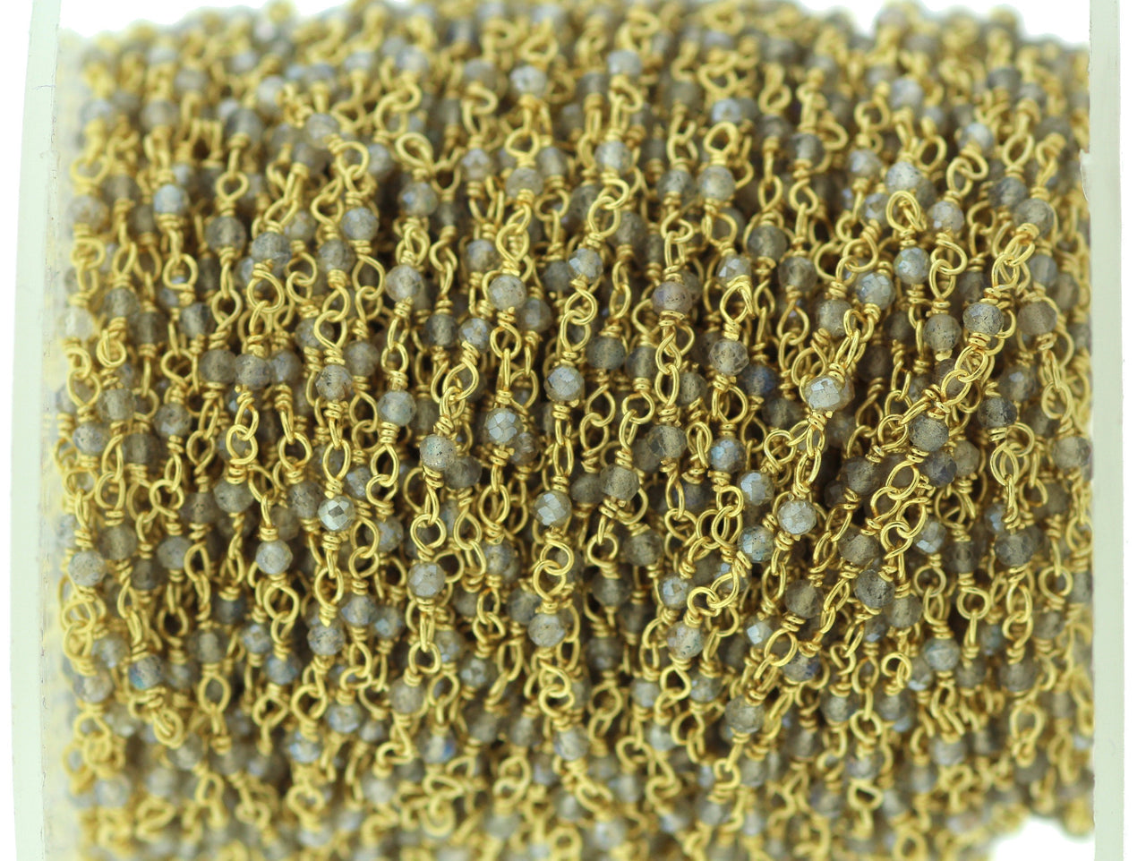 Coated Labradorite 2mm Faceted Rounds Rosary Chain Sterling Silver with Gold Plating Wire Wrap Chain by the Foot