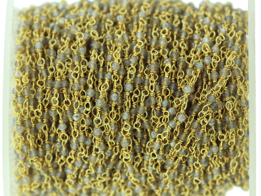 Coated Labradorite 2mm Faceted Rounds Rosary Chain Sterling Silver with Gold Plating Wire Wrap Chain by the Foot