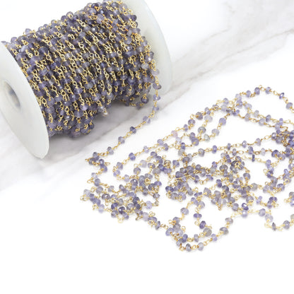 Blue Iolite 3mm Faceted Rondelles Rosary Chain Sterling Silver with Gold Plating Wire Wrap Chain by the Foot