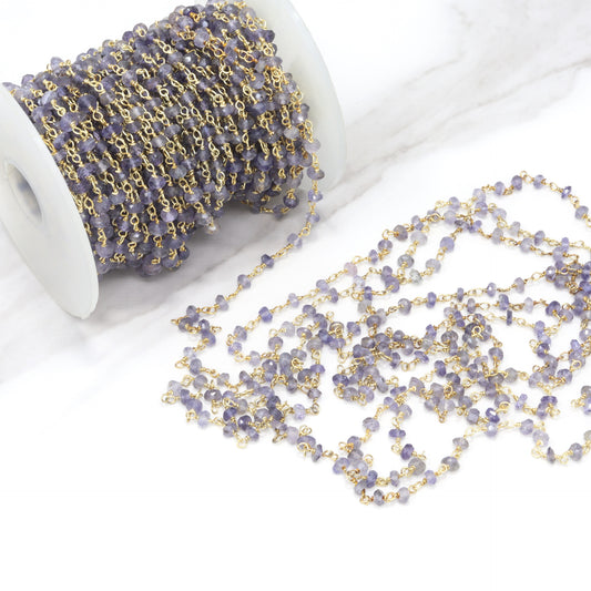 Blue Iolite 3mm Faceted Rondelles Rosary Chain Sterling Silver with Gold Plating Wire Wrap Chain by the Foot