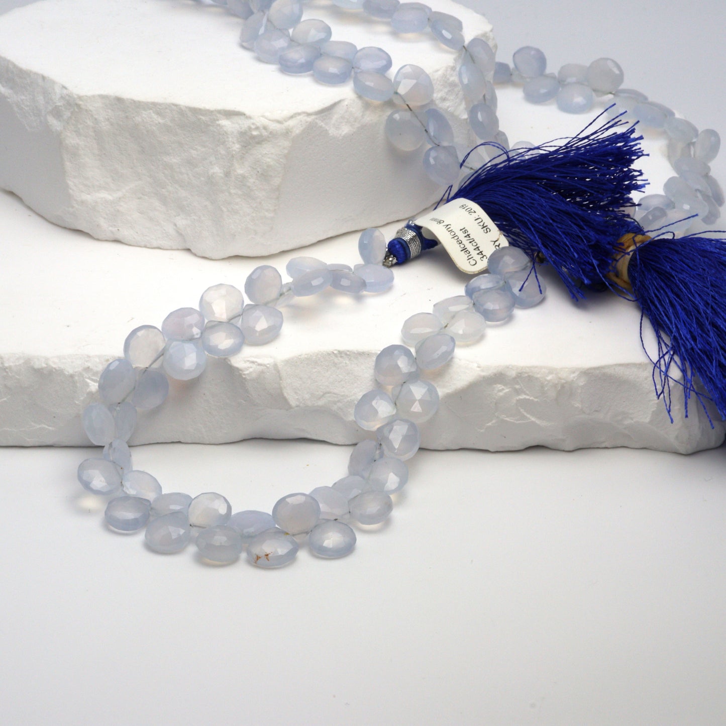 Natural Blue Chalcedony 8mm Faceted Heart Shaped Briolettes Bead Strand