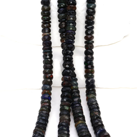 Black Ethiopian Opal 4mm - 5.5mm Hand Faceted Rondelles Bead Strand