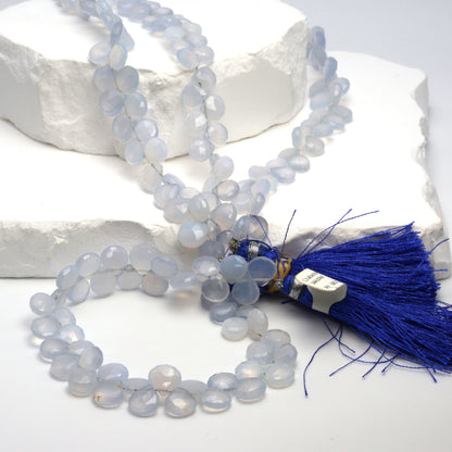Natural Blue Chalcedony 8mm Faceted Heart Shaped Briolettes Bead Strand