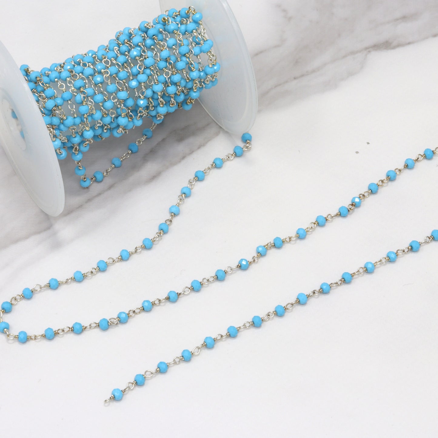 Blue Turquoise (R) 3mm Faceted Rondelles Rosary Chain Sterling Silver Wire Wrap Chain by the Foot