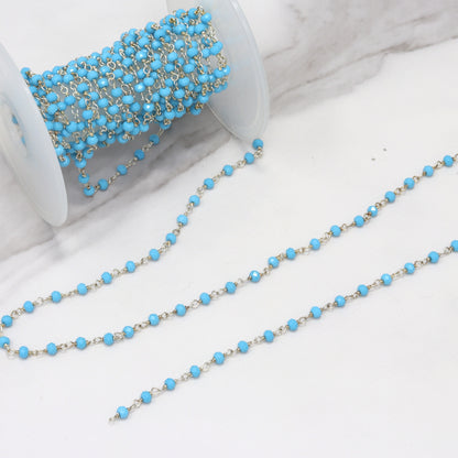 Blue Turquoise (R) 3mm Faceted Rondelles Rosary Chain Sterling Silver Wire Wrap Chain by the Foot