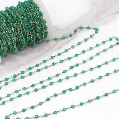 Green Onyx 3.5mm Faceted Rounds Rosary Chain Sterling Silver with Gold Plating Wire Wrap Chain by the Foot