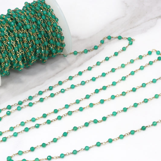 Green Onyx 3.5mm Faceted Rounds Rosary Chain Sterling Silver with Gold Plating Wire Wrap Chain by the Foot