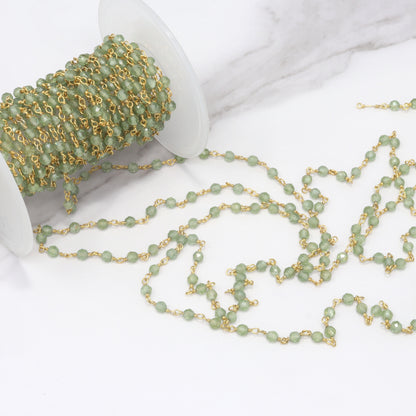 Green Apatite 3mm Faceted Rounds Rosary Chain Sterling Silver with Gold Plating Wire Wrap Chain by the Foot
