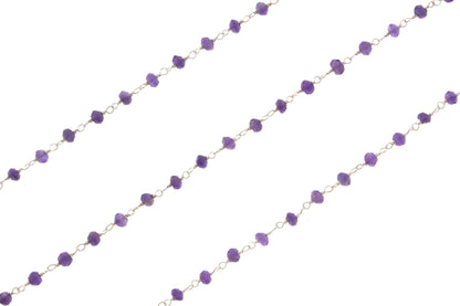 Purple Amethyst 3mm Faceted Rondelles Rosary Chain Sterling Silver Wire Wrap Chain by the Foot