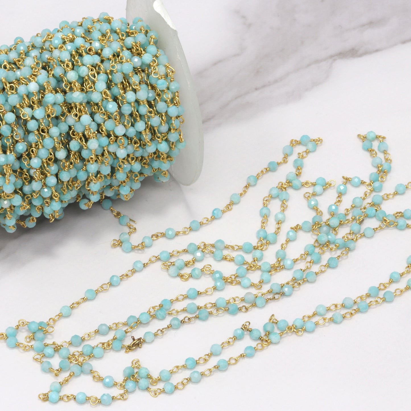 Blue Amazonite 3mm Faceted Rounds Rosary Chain Sterling Silver with Gold Plating Wire Wrap Chain by the Foot