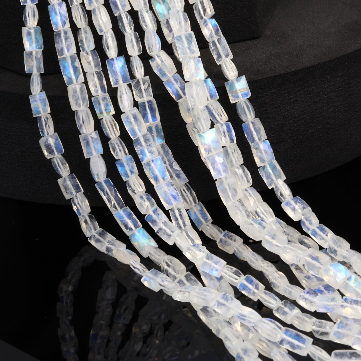 AA Blue Rainbow Moonstone 6x5mm Faceted Cushions Bead Strand