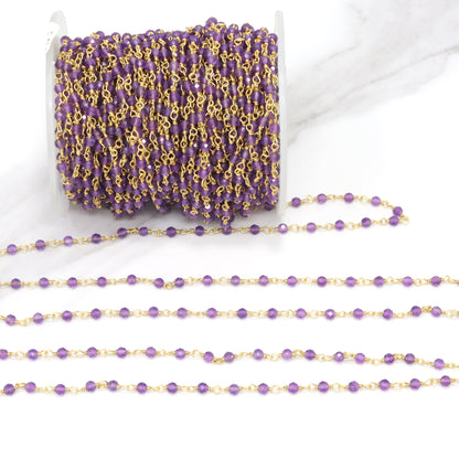 Purple Amethyst 2.5mm Faceted Rounds Rosary Chain Sterling Silver with Gold Plating Wire Wrap Chain by the Foot