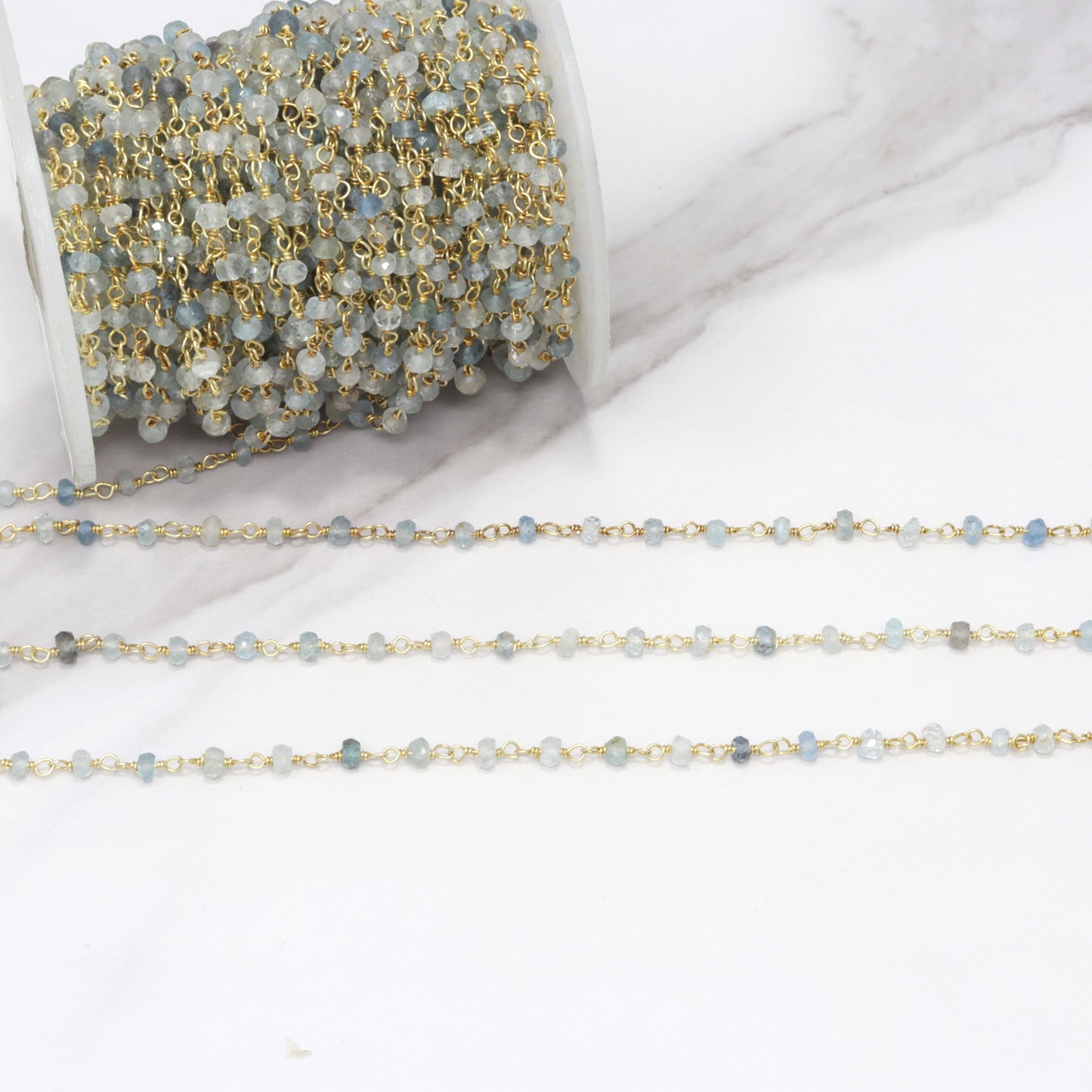 Moss Aquamarine 4mm Faceted Rondelles Rosary Chain Sterling Silver with Gold Plating Wire Wrap Chain by the Foot