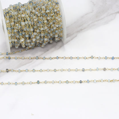 Moss Aquamarine 4mm Faceted Rondelles Rosary Chain Sterling Silver with Gold Plating Wire Wrap Chain by the Foot
