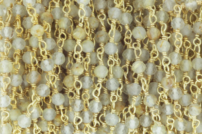 Golden Rutilated Quartz 3mm Faceted Rounds Rosary Chain Sterling Silver with Gold Plating Wire Wrap Chain by the Foot