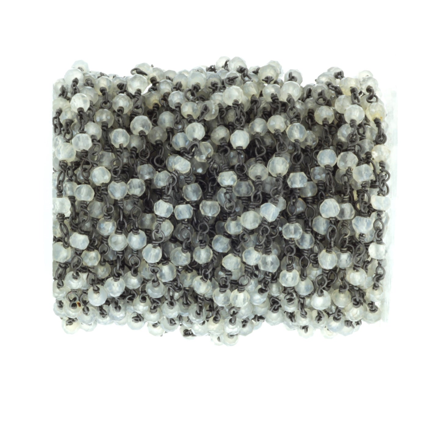 White Moonstone 3.5mm Faceted Rondelles Rosary Chain Sterling Silver with Black Rhodium Plating Wire Wrap Chain by the Foot