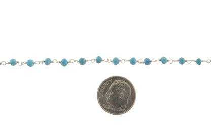 Blue Turquoise (R) 4mm Faceted Rondelles Rosary Chain Sterling Silver Wire Wrap Chain by the Foot