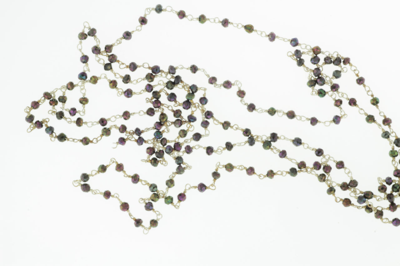 Purple Coated Black Spinel 3mm Faceted Rondelles Rosary Chain Sterling Silver Wire Wrap Chain by the Foot