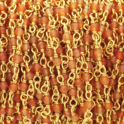 Orange Carnelian 2mm Faceted Rounds Rosary Chain Sterling Silver with Gold Plating Wire Wrap Chain by the Foot