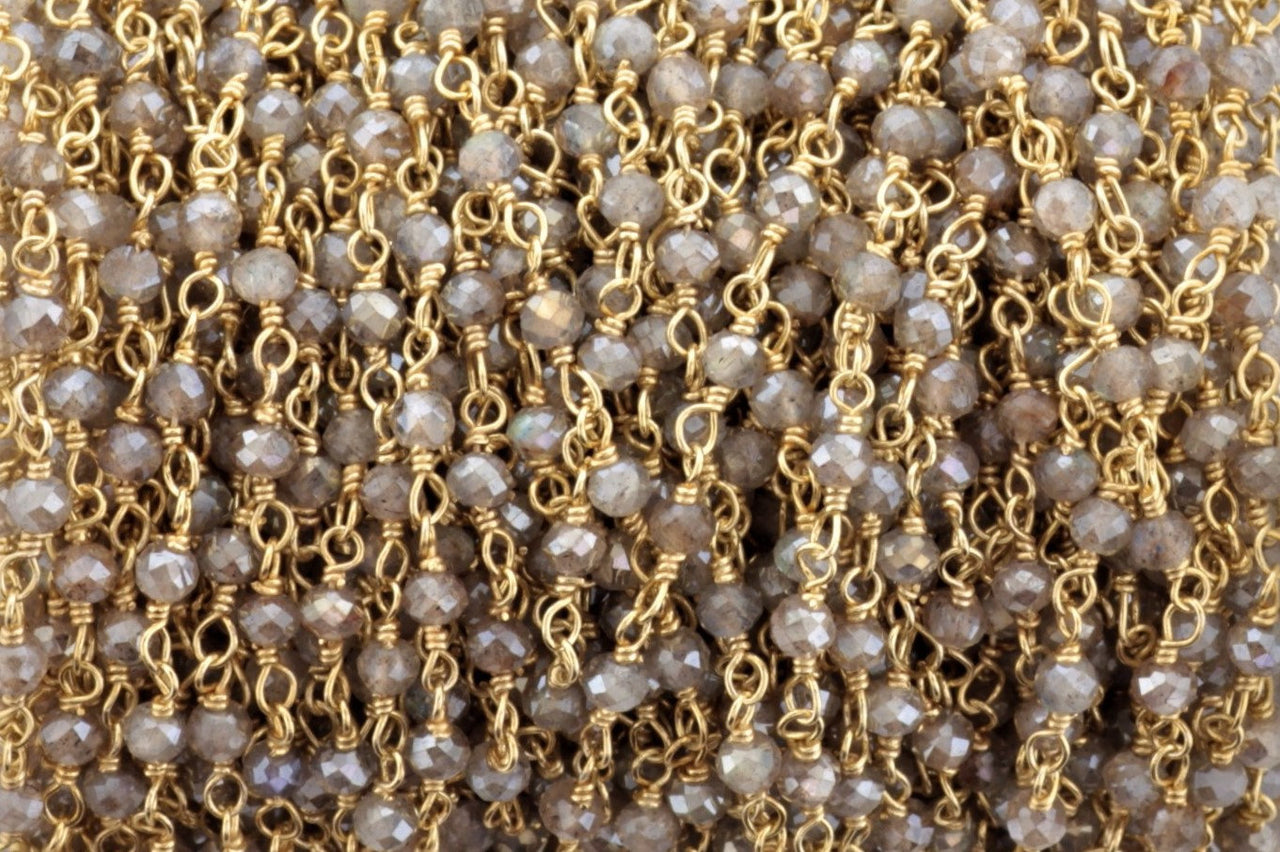 Coated Labradorite 3mm Faceted Rondelles Rosary Chain Sterling Silver with Gold Plating Wire Wrap Chain by the Foot