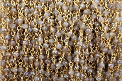 Coated Labradorite 3mm Faceted Rondelles Rosary Chain Sterling Silver with Gold Plating Wire Wrap Chain by the Foot