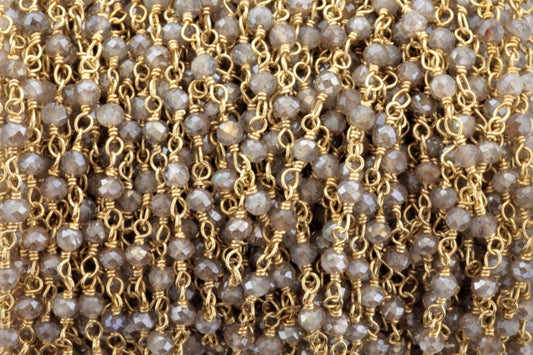 Coated Labradorite 3mm Faceted Rondelles Rosary Chain Sterling Silver with Gold Plating Wire Wrap Chain by the Foot