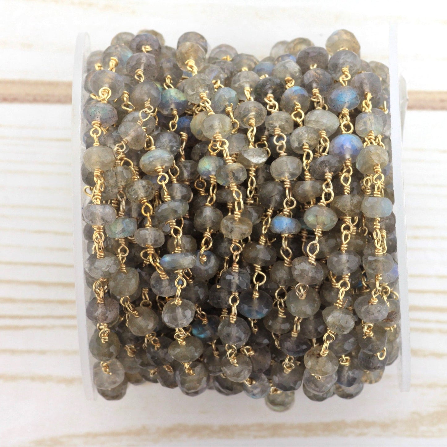 Blue Labradorite 6mm Faceted Rondelles Rosary Chain Sterling Silver with Gold Plating Wire Wrap Chain by the Foot