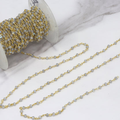 Blue Labradorite 3mm Faceted Rondelles Rosary Chain Sterling Silver with Gold Plating Wire Wrap Chain by the Foot