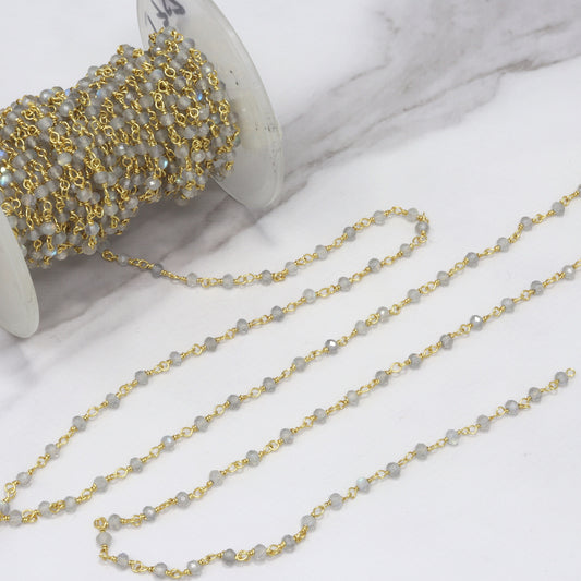 Blue Labradorite 3mm Faceted Rondelles Rosary Chain Sterling Silver with Gold Plating Wire Wrap Chain by the Foot
