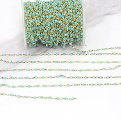 Blue Amazonite 2.5mm Faceted Rounds Rosary Chain Sterling Silver with Gold Plating Wire Wrap Chain by the Foot