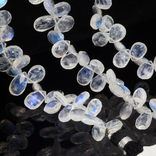 AA Blue Rainbow Moonstone 8x6mm Faceted Pear Shaped Briolettes Bead Strand