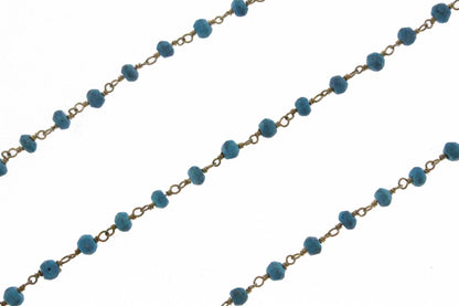 Blue Turquoise (R) 4mm Faceted Rondelles Rosary Chain Sterling Silver with Gold Plating Wire Wrap Chain by the Foot