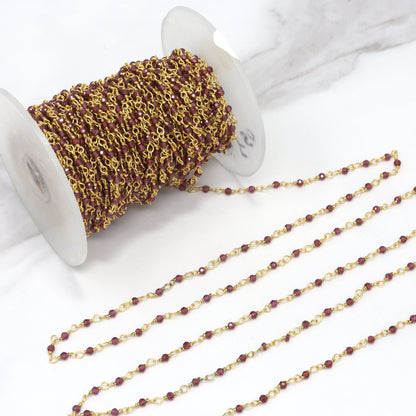 Red Garnet 2mm Faceted Rounds Rosary Chain Sterling Silver with Gold Plating Wire Wrap Chain by the Foot