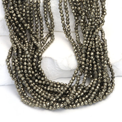 Natural Pyrite 2.5mm Faceted Rounds Bead Strand