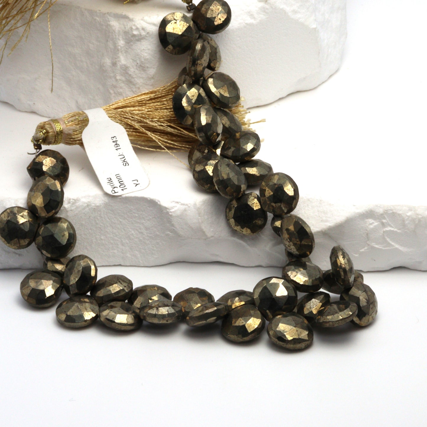 Natural Pyrite 10mm Faceted Heart Shaped Briolettes Bead Strand