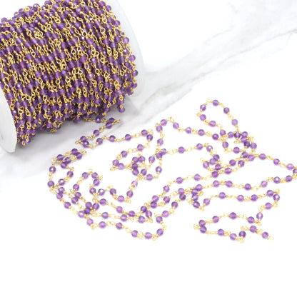 Purple Amethyst 2.5mm Faceted Rounds Rosary Chain Sterling Silver with Gold Plating Wire Wrap Chain by the Foot