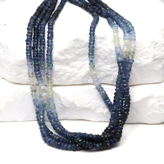 Ombre Blue and White Sapphire 3mm Hand Faceted Rondelles Bead Strand