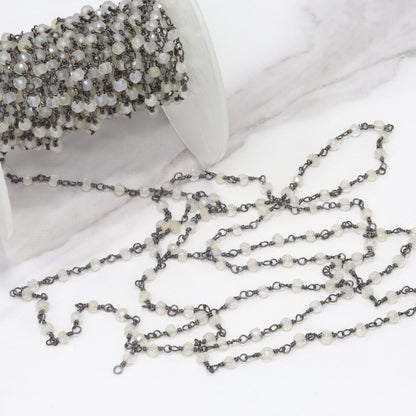 White Moonstone 3.5mm Faceted Rondelles Rosary Chain Sterling Silver with Black Rhodium Plating Wire Wrap Chain by the Foot