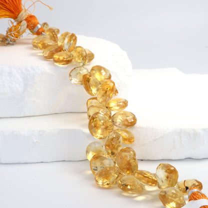 Yellow Citrine 12mm Faceted Heart Shaped Briolettes Bead Strand