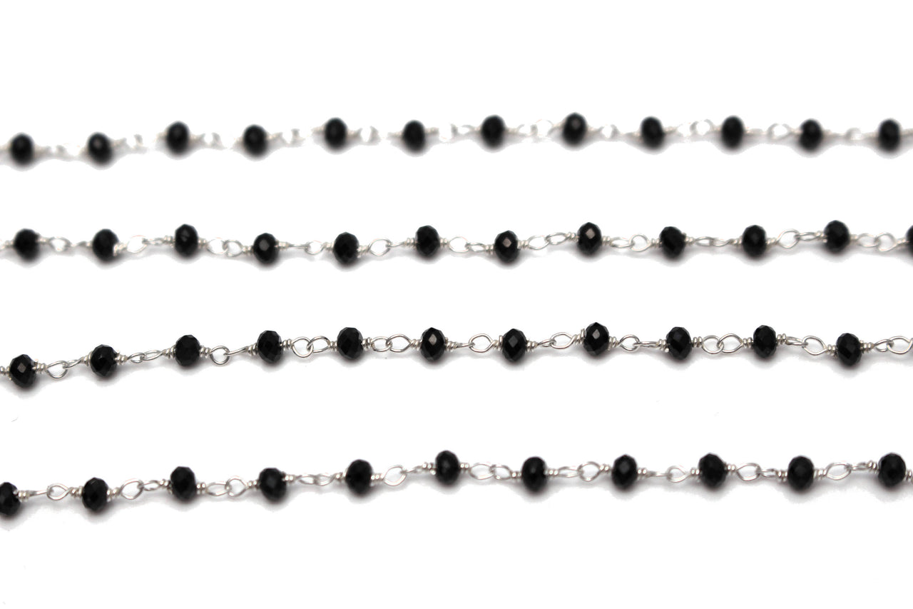 Black Spinel 2.5mm Faceted Rondelles Rosary Chain Sterling Silver Wire Wrap Chain by the Foot